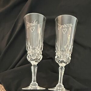 Bride & Groom Etched Clear Champagne Flutes - Set of 2- NEVER USED